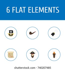 Flat Icons Treasure Map, Pirate, Flame And Other Vector Elements. 