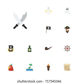 Flat Icons Treasure Map, Ship Steering Wheel, Tobacco And Other Vector Elements. Set Of Piracy Flat Icons Symbols Also Includes Wheel, Torch, Macaw Objects.