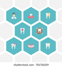 Flat Icons Treatment, Brace, Orthodontist And Other Vector Elements. Set Of Tooth Flat Icons Symbols Also Includes Orthodontist, Artificial, Cleaned Objects.