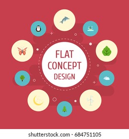 Flat Icons Tree, Emperor, Sky And Other Vector Elements. Set Of Environment Symbols Also Includes Leaf, Monarch, Starts Objects.