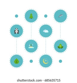 Flat Icons Tree, Isle Beach, Sky And Other Vector Elements. Set Of Eco Flat Icons Symbols Also Includes Panda, Isle, Tree Objects.