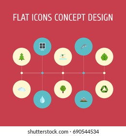 Flat Icons Tree, Playful Fish, Wood And Other Vector Elements. Set Of Environment Flat Icons Symbols Also Includes Playful, Landscape, Panel Objects.
