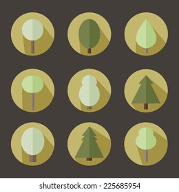 Flat icons of trees. Vector illustration.