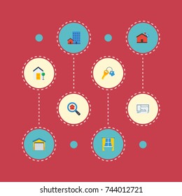 Flat Icons Trinket, Buildings, Casement And Other Vector Elements. Set Of Immovable Flat Icons Symbols Also Includes Plan, Depot, Hypothecation Objects.