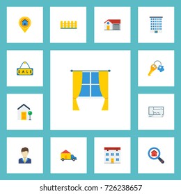 Flat Icons Trinket, House, Broker And Other Vector Elements. Set Of Property Flat Icons Symbols Also Includes Floor, Office, Fence Objects.