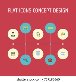 Flat Icons Trinket, House, Wooden Barrier And Other Vector Elements. Set Of Property Flat Icons Symbols Also Includes Mortgage, Casement, Barrier Objects.