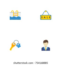 Flat Icons Trinket, Swimming, Sold And Other Vector Elements. Set Of Property Flat Icons Symbols Also Includes Pool, Man, Trinket Objects.