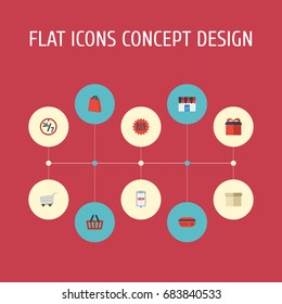 Flat Icons Trolley, Bag, Present And Other Vector Elements. Set Of Magazine Flat Icons Symbols Also Includes Shopping, Credit, Basket Objects.