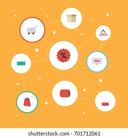 Flat Icons Trolley, Case, Purse And Other Vector Elements. Set Of Magazine Flat Icons Symbols Also Includes Pouch, Sale, Money Objects.
