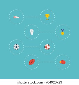 Flat Icons Trophy, Ball, Arrow And Other Vector Elements. Set Of Fitness Flat Icons Symbols Also Includes Karate, Medal, Boxing Objects.