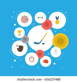Flat Icons Trophy, Boxing, Kettlebells And Other Vector Elements. Set Of Sport Flat Icons Symbols Also Includes Uniform, Gloves, Winner Objects.