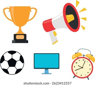 Flat Icons of Trophy, Megaphone, Soccer Ball, Monitor, and Alarm Clock. flat icon vector illustration