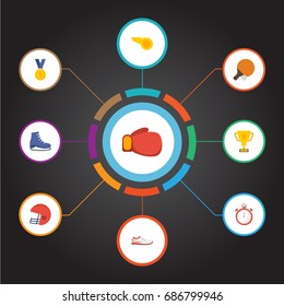 Flat Icons Trophy, Second Meter, Boxing And Other Vector Elements. Set Of Sport Flat Icons Symbols Also Includes Second, Trekking, Tennis Objects.