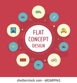 Flat Icons Truck, Aircraft, Automotive And Other Vector Elements. Set Of Auto Flat Icons Symbols Also Includes Passenger, Freight, Omnibus Objects.