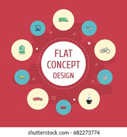 Flat Icons Truck, Metro, Bicycle And Other Vector Elements. Set Of Vehicle Flat Icons Symbols Also Includes Car, Suv, Streetcar Objects.