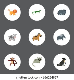 Flat Icons Trunked Animal, Hippopotamus, Hound And Other Vector Elements. Set Of Animal Flat Icons Symbols Also Includes Hippopotamus, Forest Objects.