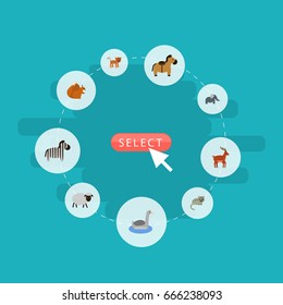 Flat Icons Trunked Animal, Kitty, Pony And Other Vector Elements. Set Of Zoology Flat Icons Symbols Also Includes Deer, Squirrel, Horse Objects.