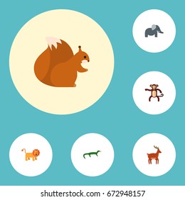 Flat Icons Trunked Animal, Moose, Chimpanzee And Other Vector Elements. Set Of Zoo Flat Icons Symbols Also Includes Squirrel, Reptilian, Forest Objects.