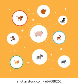 Flat Icons Trunked Animal, Panther, Hound And Other Vector Elements. Set Of Zoology Flat Icons Symbols Also Includes Zebra, Moose, Lion Objects.
