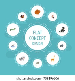 Flat Icons Trunked Animal, Waterbird, Reptile And Other Vector Elements. Set Of Alive Flat Icons Symbols Also Includes Neck, Nut, Chipmunk Objects.