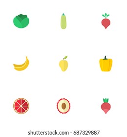 Flat Icons Turnip, Litchi, Pumpkin And Other Vector Elements. Set Of Berry Flat Icons Symbols Also Includes Litchi, Orange, Root Objects.