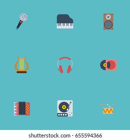 Flat Icons Turntable, Octave Keyboard, Audio Box And Other Vector Elements. Set Of Music Flat Icons Symbols Also Includes Retro, Piano, Harp Objects.