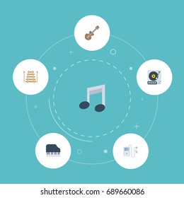 Flat Icons Turntable, Octave Keyboard, Mp3 Player And Other Vector Elements. Set Of Melody Flat Icons Symbols Also Includes Acoustic, Symbol, Player Objects.