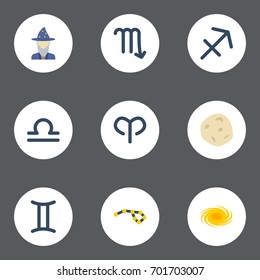 Flat Icons Twins, Comet, Augur And Other Vector Elements. Set Of Astronomy Flat Icons Symbols Also Includes Twins, Aries, Scorpion Objects.