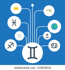 Flat Icons Twins, Fishes, Augur And Other Vector Elements. Set Of Astronomy Flat Icons Symbols Also Includes Satellite, Fishes, Lunar Objects.