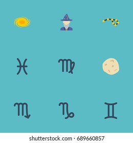 Flat Icons Twins, Horoscope, Comet And Other Vector Elements. Set Of Galaxy Flat Icons Symbols Also Includes Goat, Constellation, Fishes Objects.