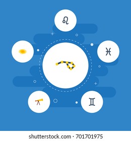 Flat Icons Twins, Optics, Horoscope And Other Vector Elements. Set Of Astronomy Flat Icons Symbols Also Includes Twins, Telescope, Fishes Objects.