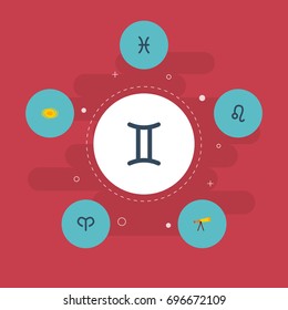 Flat Icons Twins, Ram, Optics And Other Vector Elements. Set Of Flat Icons Symbols Also Includes Zodiac, Space, Cosmos Objects.