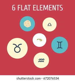 Flat Icons Twins, Scales, Comet And Other Vector Elements. Set Of Astrology Flat Icons Symbols Also Includes Meteor, Water, Twins Objects.