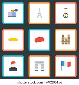 Flat Icons Unicycle, Archway, Tower And Other Vector Elements. Set Of France Flat Icons Symbols Also Includes Baguette, Flag, Eiffel Objects.