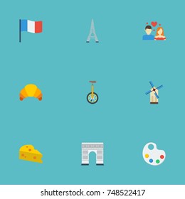 Flat Icons Unicycle, Palette, Cheddar And Other Vector Elements. Set Of Europe Flat Icons Symbols Also Includes Dessert, Couple, Skyscraper Objects.