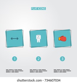 Flat Icons Uniform, Kettlebells, Boxing And Other Vector Elements. Set Of Fitness Flat Icons Symbols Also Includes Kimono, Karate, Gloves Objects.