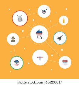 Flat Icons Usa Badge, Aircraft, History And Other Vector Elements. Set Of Day Flat Icons Symbols Also Includes Tag, Memorial, Holiday Objects.