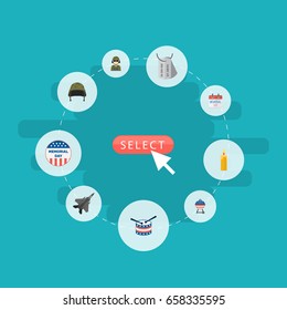 Flat Icons Usa Badge, Military Man, History And Other Vector Elements. Set Of Day Flat Icons Symbols Also Includes Calendar, Tag, Brazier Objects.