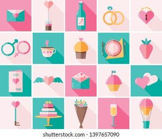 Flat icons for valentine, love and wedding with long shadows. Vector illustration