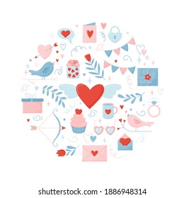 Flat icons for Valentine's Day design in the form of a circle.