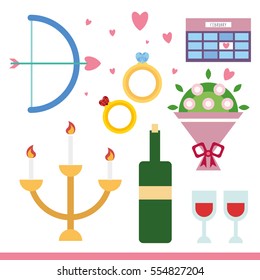 Flat icons for Valentine`s Day, wedding, anniversary or celebration love. Sign hearts, wine, rings, candlestick, flowers, calendar, bow and arrow for website, app, design project. Vector illustration.
