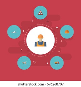 Flat Icons Van, Caution, Handcart Vector Elements. Set Of Industry Flat Icons Symbols Also Includes Helmet, Valve, Handcart Objects.