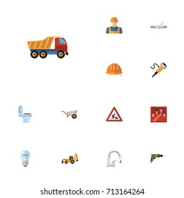 Flat Icons Van, Faucet, Pipeline Valve And Other Vector Elements. Set Of Construction Flat Icons Symbols Also Includes Van, Helmet, Handcart Objects.