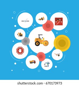 Flat Icons Van, Hoisting Machine, Handcart Vector Elements. Set Of Industry Flat Icons Symbols Also Includes Crane, Van, Backhoe Objects.