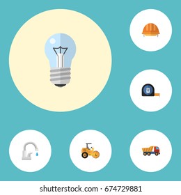 Flat Icons Van, Roll Meter, Bulb And Other Vector Elements. Set Of Construction Flat Icons Symbols Also Includes Truck, Headwear, Light Objects.