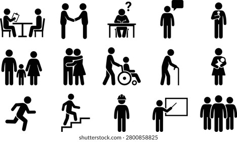 Flat icons of various human activities and relationships