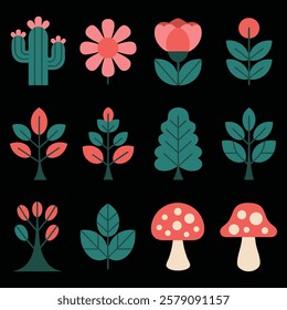 Flat Icons of Various Plants and Fungi