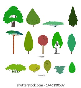 Flat icons of various trees and bushes for your design. Vector illustration.
