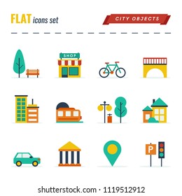 Flat icons, vector city objects, transport, culture, buildings and other