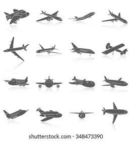 Flat icons vector collection of airplanes set. Isolated on white background.